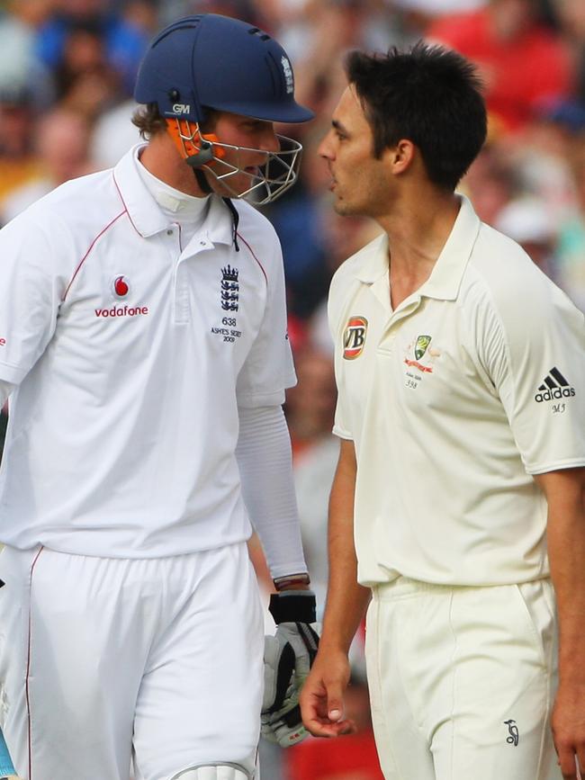 Things get tense between Broad and Mitchell Johnson during the 2009 Ashes Test in Birmingham. Picture: Getty Images