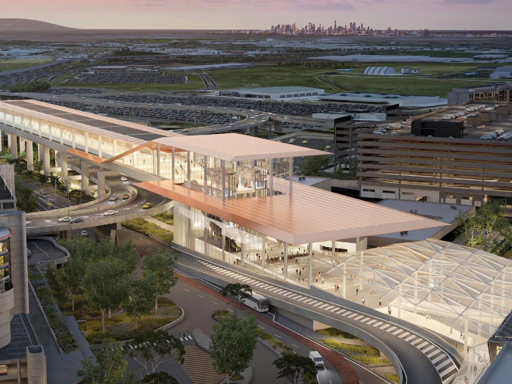 A render of the Melbourne airport station as part of the controversial Melbourne Airport Rail Link. Picture: supplied