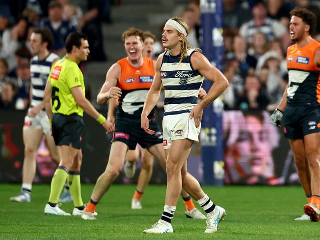 Bailey Smith reacts to a GWS goal. Picture: Josh Chadwick/Getty Images