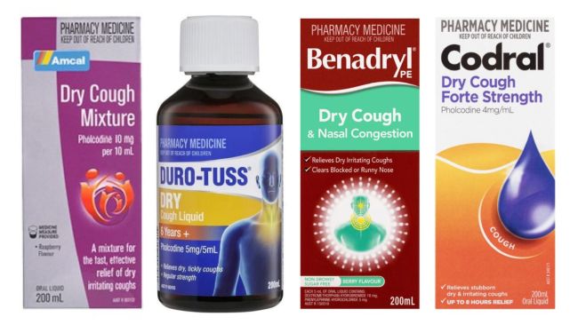 Some dry cough products that contain pholcodine. 