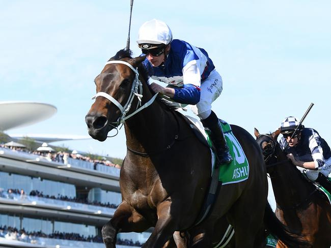 MELBOURNE, AUSTRALIA - NOVEMBER 11: James McDonald riding Atishu wins the TAB Champions Stakes during Stakes Day at Flemington Racecourse on November 11, 2023 in Melbourne, Australia. (Photo by Quinn Rooney/Getty Images)