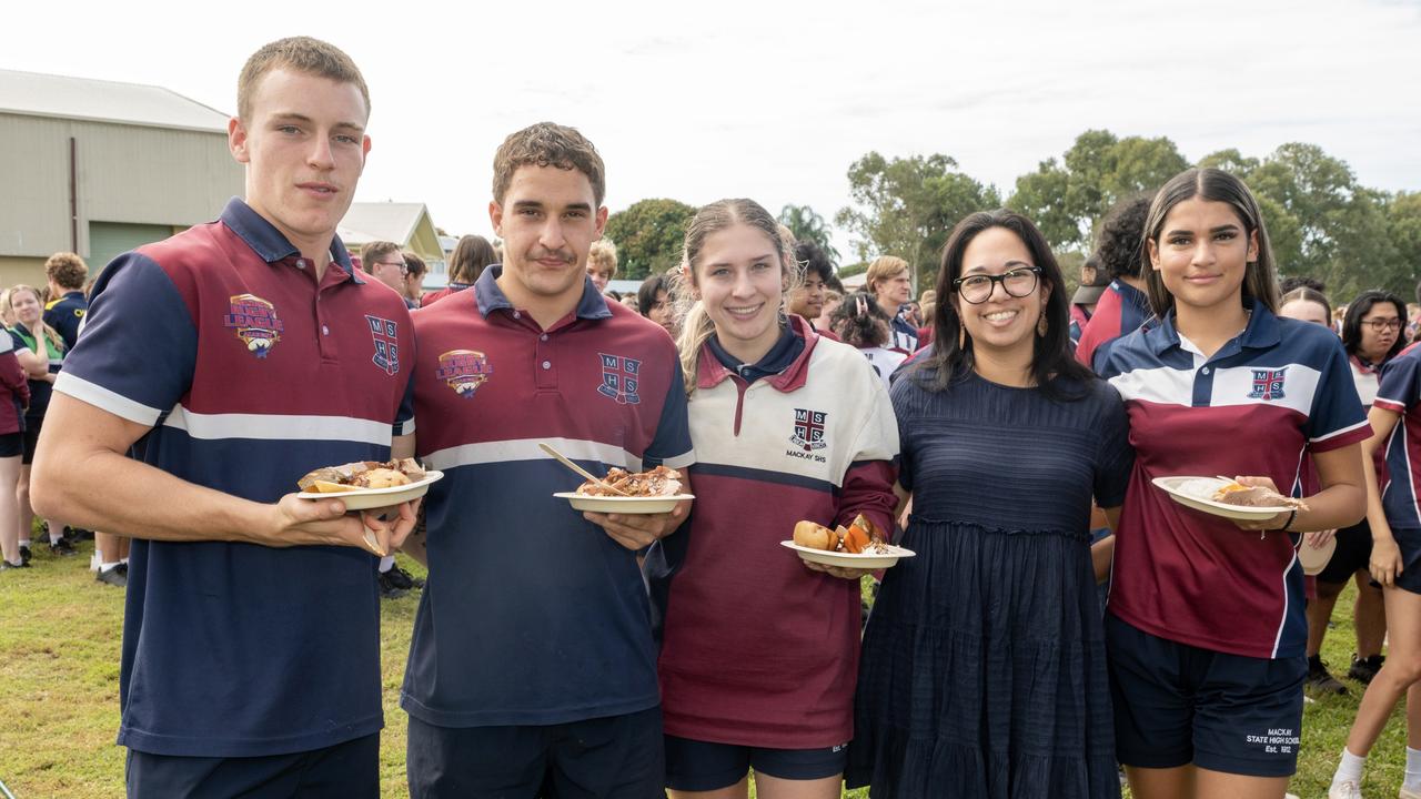 Deagan Powell Ty Ison, Emily Austin, Anita Pritchard and Mikaela Parter at Mackay State High School Friday 21 July 2023 Picture: Michaela Harlow