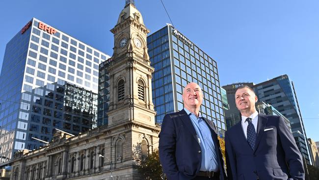 Sean Hunt, area vice president for Australia, New Zealand &amp; Pacific Islands, and Adelaide Marriott general manager Paul Gallop at the site of the Marriott on the historic GPO building. Picture: Keryn Stevens