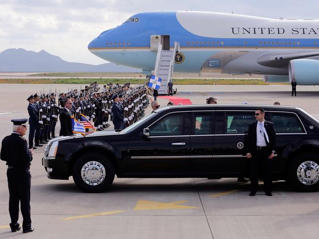 Secret Service agents stand beside the US President Barack Obama's in Athens, Greece in 2016. Picture: AFP.