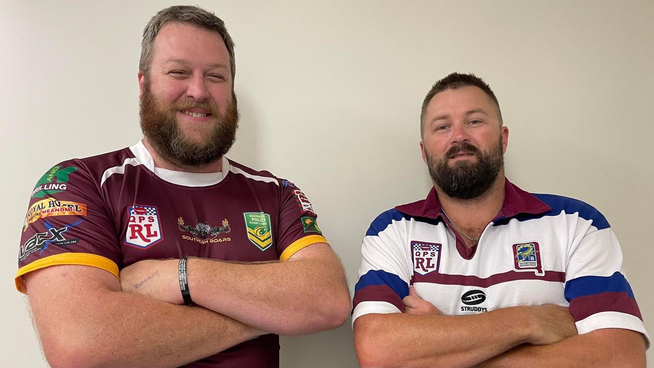 Sergeant Matt Minz and Senior Constable Justin Drier will face off during the Constable Rachel McCrow and Matthew Arnold Memorial Football match this weekend. Picture: Southern Boars