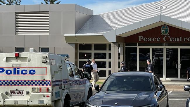 Police cars outside Peace Lutheran College in Cairns after a female student, 18, was allegedly stabbed by a male student. Tuesday, May 16, 2023.