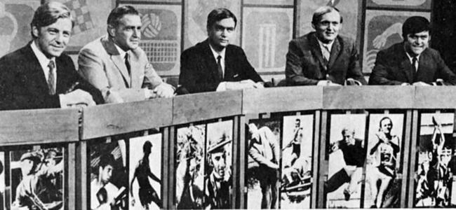 George Doniger (second from right) was rugby league panelist on Channel 7’s Sportscene along with (from left) Rod Gallegos, Frank O'Callaghan, Bruce Waddell (soccer) and Mike McLaughlin (baseball).