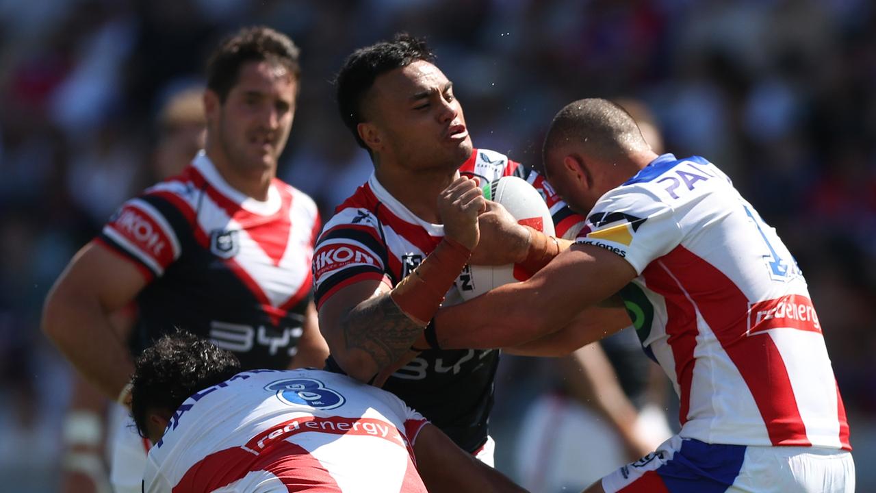 GOSFORD, AUSTRALIA - FEBRUARY 23: Spencer Leniu of the Roosters \\during the 2025 NRL Pre-Season Challenge match between Sydney Roosters and Newcastle Knights at Industree Group Stadium on February 23, 2025 in Gosford, Australia. (Photo by Mark Metcalfe/Getty Images)