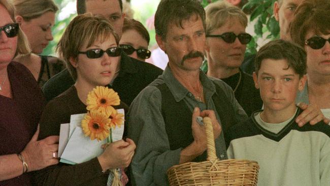 Funeral of murder victim Jacinta Bush at Sunshine Coast Chapel in 2000. L-R Jonty Bush, Robert Bush and Jason Bush.