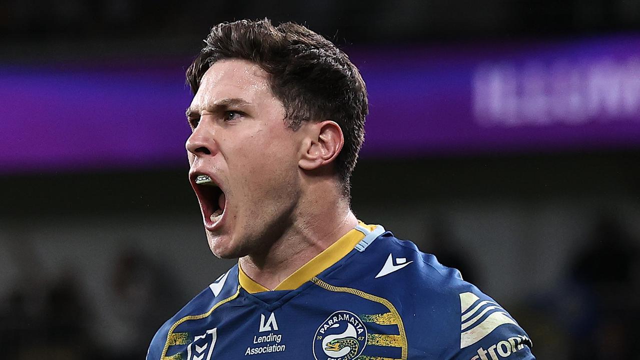 SYDNEY, AUSTRALIA - SEPTEMBER 16: Mitchell Moses of the Eels celebrates kicking a goal during the NRL Semi Final match between the Parramatta Eels and the Canberra Raiders at CommBank Stadium on September 16, 2022 in Sydney, Australia. (Photo by Cameron Spencer/Getty Images)