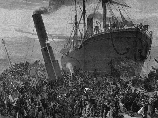 Drawing of a collision between the Princess Alice and Bywell Castle Caption reads "The great disaster on the Thames--Collision between the Princess Alice and the Bywell Castle, near Wollwich Published in Harper's Weekly October 12, 1878. Public domain