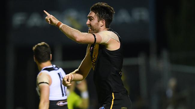 Liam McBean of Glenelg celebrates a goal during the SANFL match between Glenelg and Port Adelaide at ACH Group Stadium Saturday,April,24,2021.Picture Mark Brake