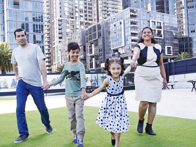 Jyoti Yadav with husband Anand Tamboli and kids Aadi and Manasvi at Wentworth Point. Picture: Sam Ruttyn