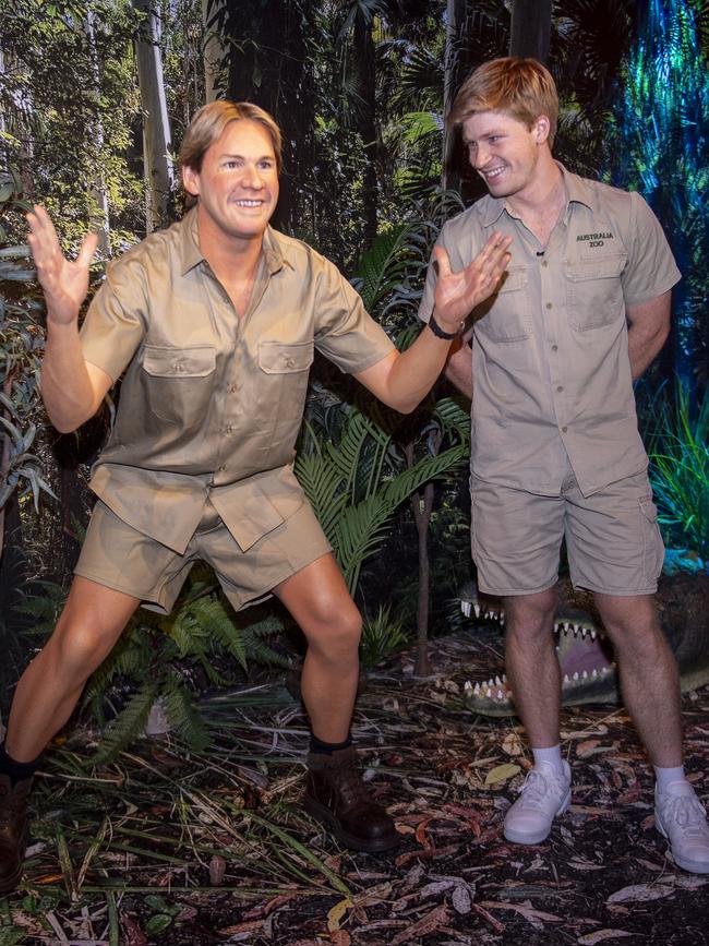 Robert Irwin (right) with the wax figure of his father Steve at Madame Tussauds Sydney. Picture: Jeremy Piper