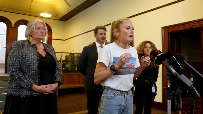 ADELAIDE, AUSTRALIA, NewsWire Photos. MAY 4TH, 2023. Grace Tame, advocate for survivors of child sexual abuse, in Adelaide with South Australian Attorney-General Kyam Maher, Greens MLC Tammy Franks and SA-BEST MLC Connie Bonaros. Picture: NCA NewsWire/ Kelly Barnes