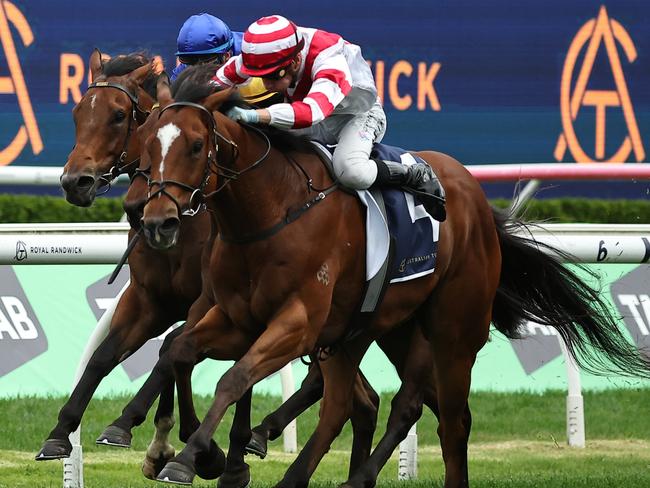 SYDNEY, AUSTRALIA - OCTOBER 19: Blake Shinn riding Ostraka   wins Race 8 Silver Eagle during Sydney Racing - The Everest Day at Royal Randwick Racecourse on October 19, 2024 in Sydney, Australia. (Photo by Jeremy Ng/Getty Images)