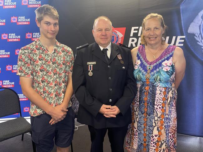 Oscar, Ross and Leanne Male at the FRV Long and Good Service Awards Ceremony in Traralgon on Wednesday, November 27, 2024. Picture: Jack Colantuono