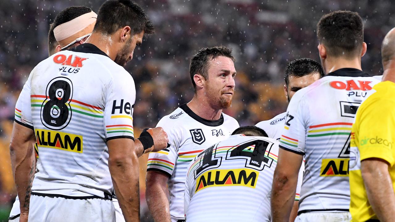 James Maloney lays down the law to a dejected Panthers’ team in their loss to the Tigers. 