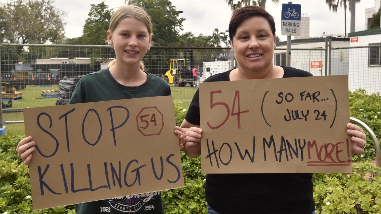 Holly Gray and Hayley De Campi at the Darwin No More Violence rally at Parliament House, 2024. Picture: Sierra Haigh