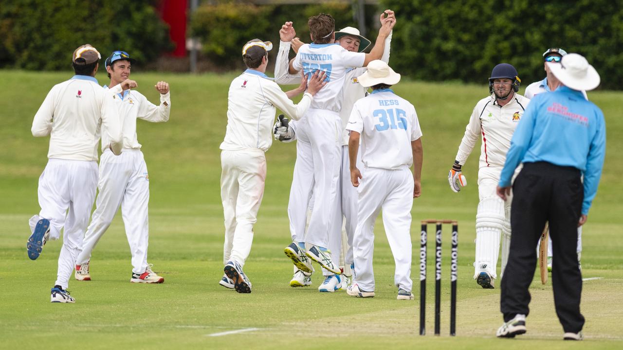 Western Districts players celebrating a wicket. Picture: Kevin Farmer