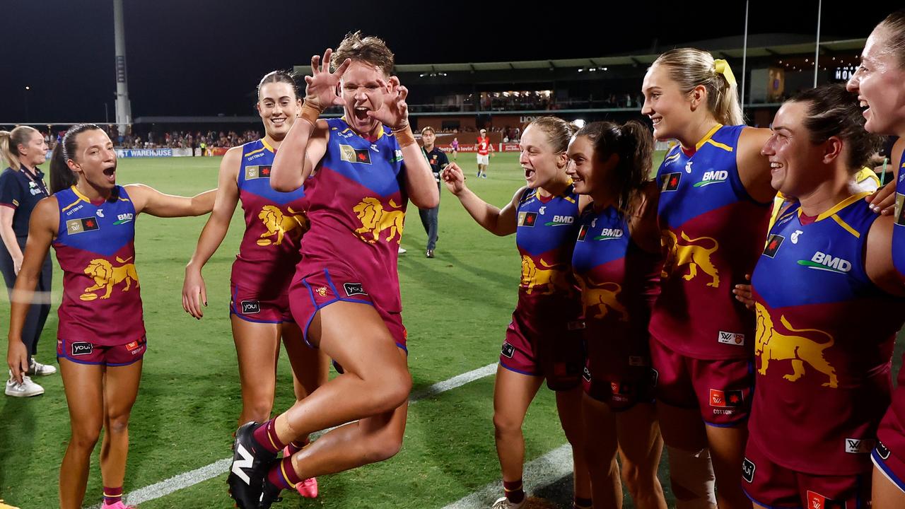 Dakota Davidson of the Lions celebrates the win. Photo by Michael Willson/AFL Photos via Getty Images.