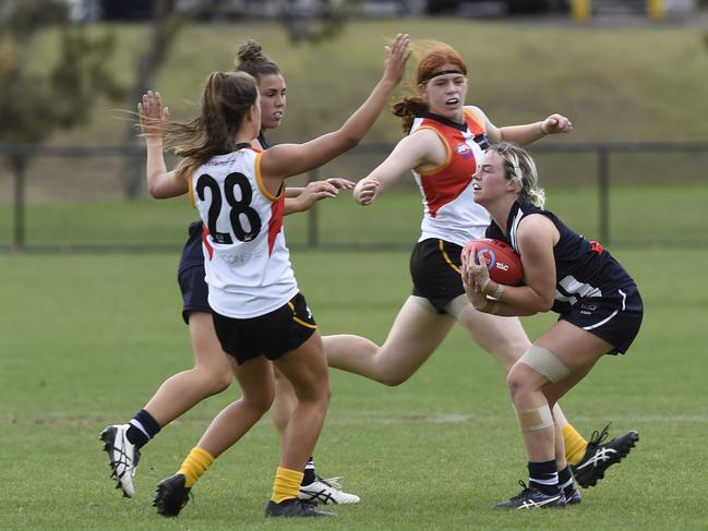 Luka Lesosky-Hay marks for Falcons. TAC Cup Girls: Geelong Falcons v Dandenong Stingrays. Picture: Alan Barber