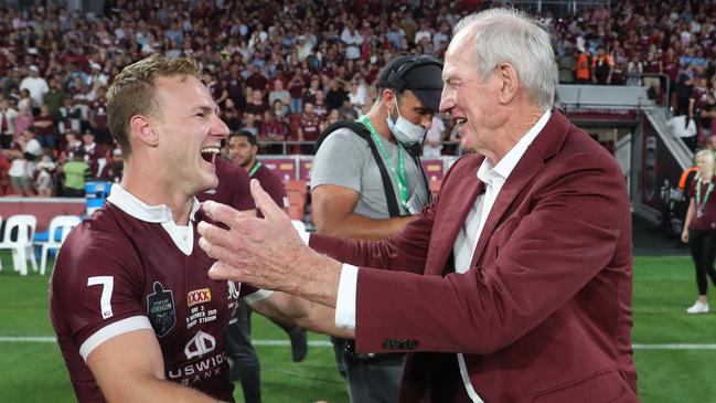 Daly Cherry-Evans hugs Wayne Bennett after hte match. Picture: Peter Wallis