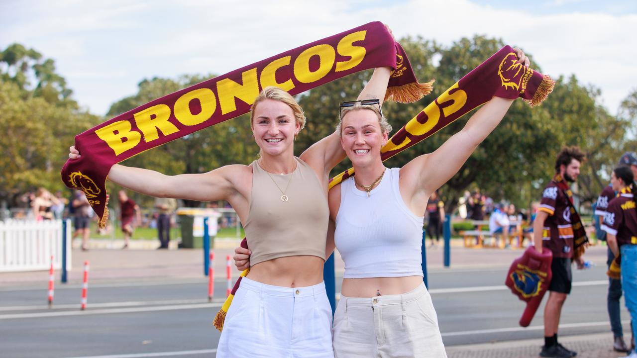 Daily Telegraph. 01, October, 2023. Broncos fans, Charlotte Woodman and Liv McGoverne, arriving at the NRL Telstra Premiership 2023 Grand Final, at Accor Stadium between Penrith Panthers and Brisbane Broncos. Picture: Justin Lloyd.