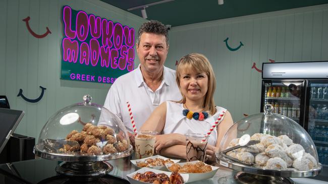 Milton Mavromoustakos and Julia Ryabova at their Greek dessert bar in Little Malop Street, Geelong. Picture: Brad Fleet