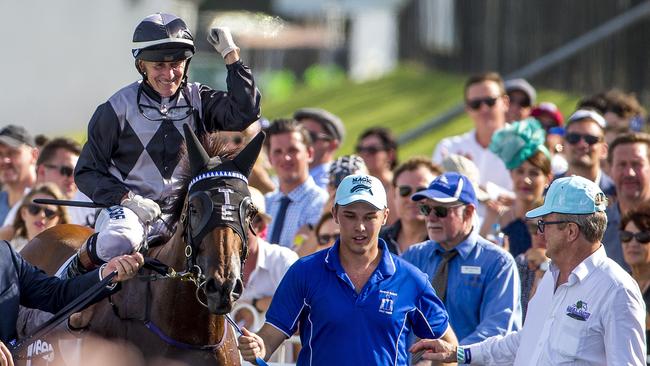 Jeff Lloyd, riding Houtzen, celebrates his biggest win of the season, the Magic Millions 2YO Classic on  the Gold Coast in January. Picture: Jerad Williams