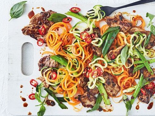 Ginger pork stir-fry with vegie noodles.