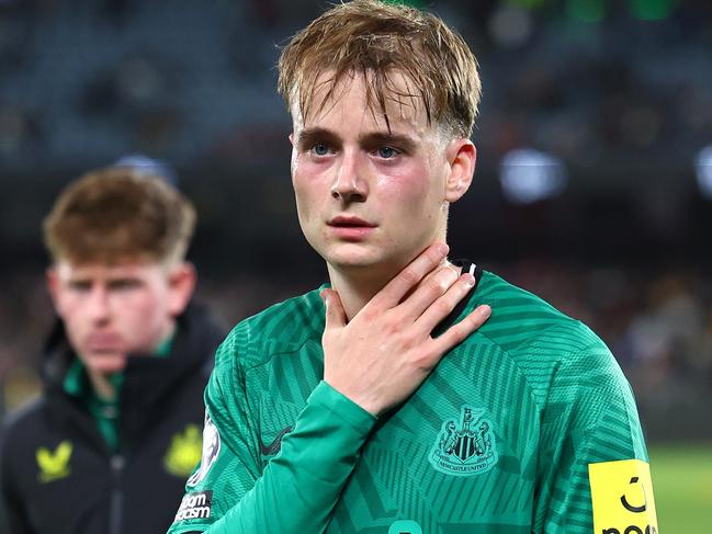 MELBOURNE, AUSTRALIA - MAY 24: Lucas De Bolle of Newcastle United FC looks dejected after losing the exhibition match between A-League All Stars Men and Newcastle United FC at Marvel Stadium on May 24, 2024 in Melbourne, Australia. (Photo by Quinn Rooney/Getty Images)