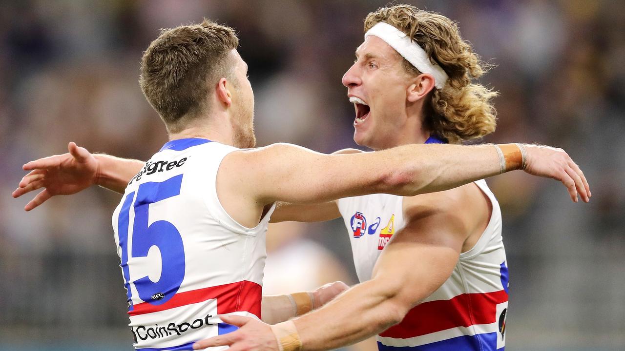 PERTH, AUSTRALIA - MAY 28: Taylor Duryea of the Bulldogs celebrates after scoring a goal during the 2022 AFL Round 11 match between the West Coast Eagles and the Western Bulldogs at Optus Stadium on May 28, 2022 in Perth, Australia. (Photo by Will Russell/AFL Photos via Getty Images)