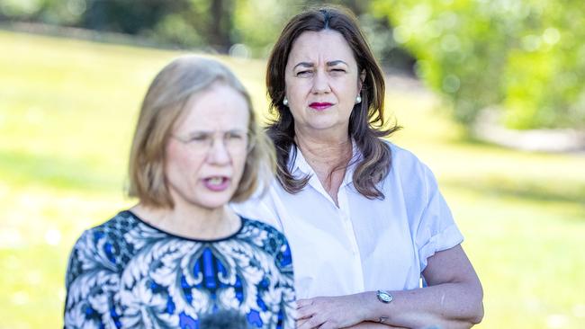 Chief health officer Dr Jeannette Young and Queensland Premier Annastacia Palaszczuk at Sunday’s Covid update. Picture: Richard Walker