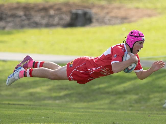 0906/25. News Local. Sport. Merrylands, Sydney, NSW.Action pictures from the NSW Rugby Juniors 2025 State Championships  Under 16s in Merrylands.Action from the game:Boys plate semi final Manly v Central NorthPicture shows:Central NorthÃs Frazer Penberthy scoresPics by Julian Andrews.