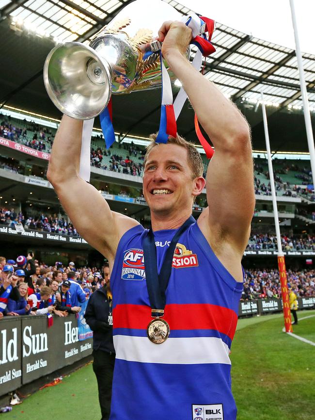 Dale Morris celebrates the Western Bulldogs’ 2016 premiership. Picture: Mark Stewart