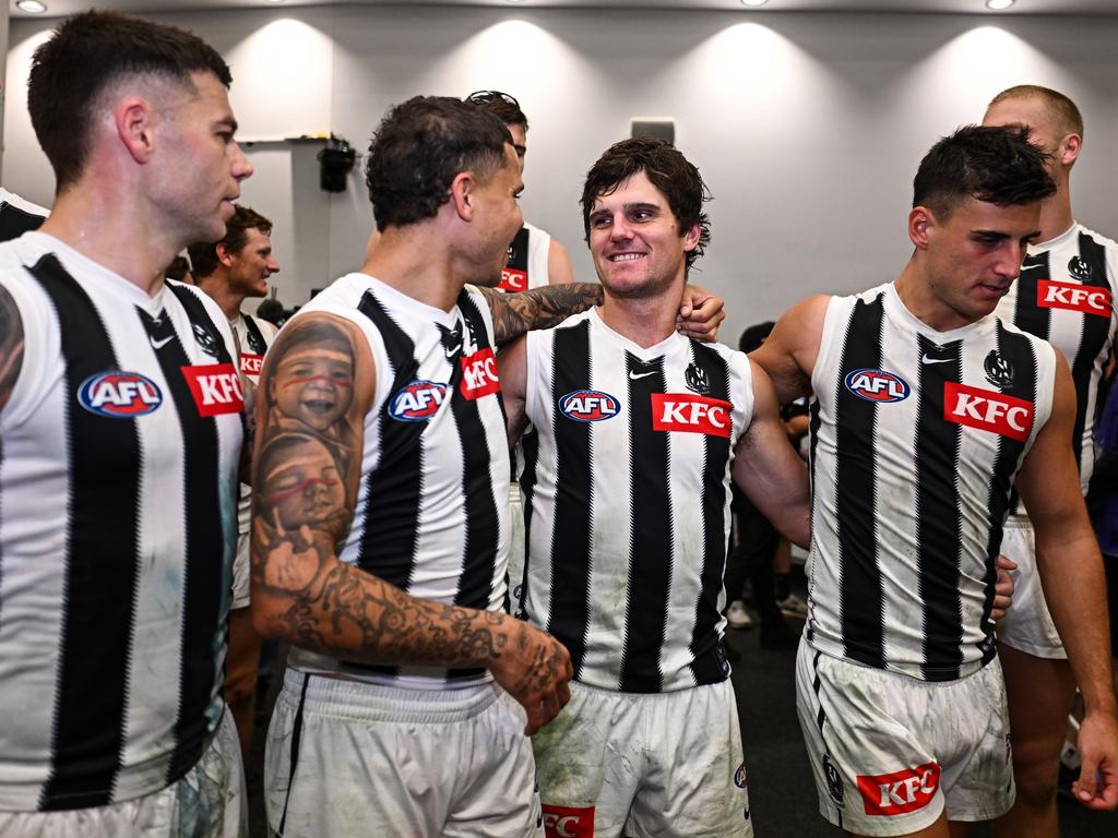 The Collingwood forward during the team song post-match. Picture: Daniel Carson/AFL Photos
