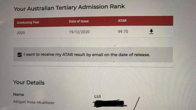 Abigail McAllister’s Australian Tertiary Admission Rank web page she was greeted with early Saturday morning. Picture: Rebecca McAllister