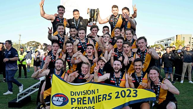 Heidelberg celebrates its NFNL Division 1 premiership. Picture: Andy Brownbill