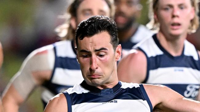 BRISBANE, AUSTRALIA - MARCH 02: Sam Simpson of the Cats gets a kick away during the AFL Practice Match between the Brisbane Lions and the Geelong Cats at Brighton Homes Arena on March 02, 2023 in Ipswich, Australia. (Photo by Bradley Kanaris/Getty Images)