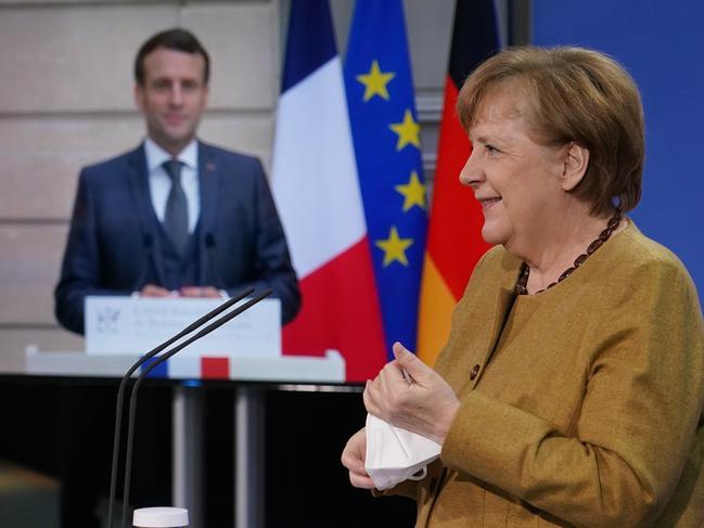 German Chancellor Angela Merkel and French President Emmanuel Macron have defended the sluggish vaccine rollout in Europe. Picture: Sean Gallup/Getty Images