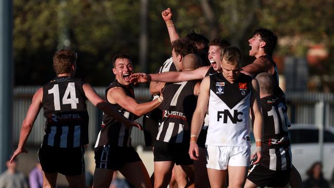 Darley celebrate victory on the final siren against North Ballarat in the grand final last year. This year, both teams face each other in an elimination final. Picture: Hamish Blair