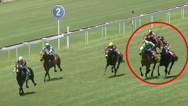 South African jockey Gavin Lerena strikes rival Jason Gates with the whip during a race at Turffontein on Sunday. Picture: YouTube