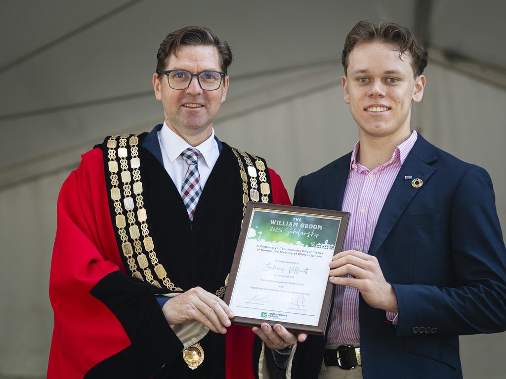 Toowoomba Mayor Geoff McDonald with W H Groom scholarship award recipient Zachary Vellacott at Toowoomba Australia Day celebrations at Picnic Point, Sunday, January 26, 2025. Picture: Kevin Farmer