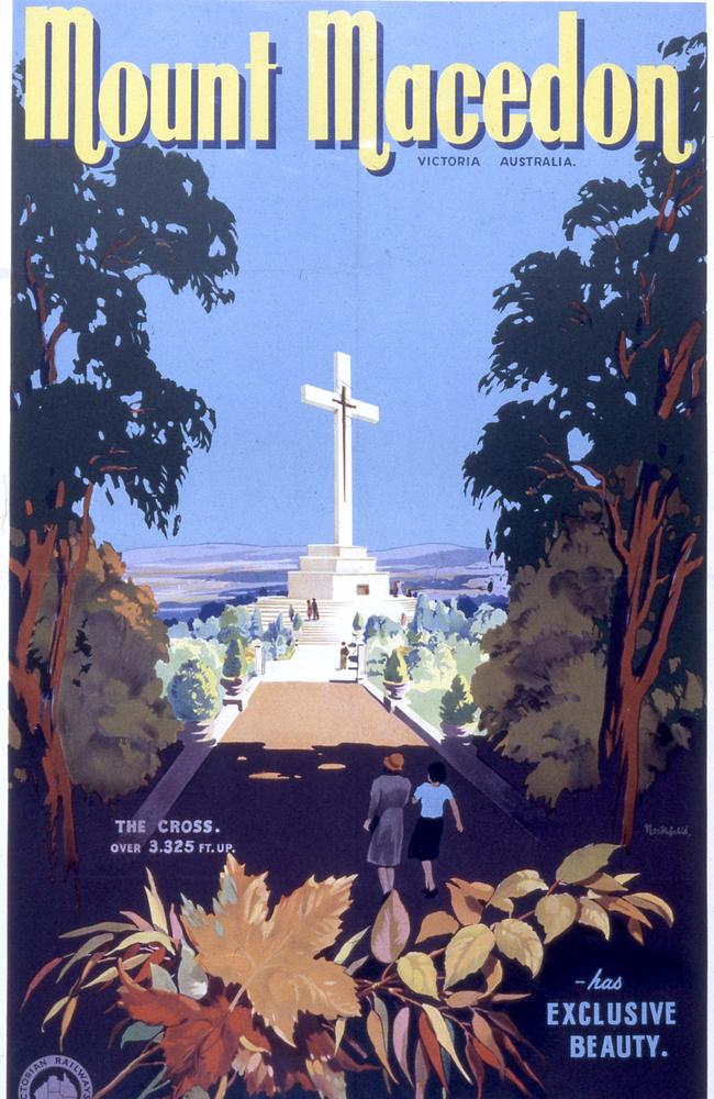 The “exclusive beauty” of Mt Macedon was depicted with bright blue skies. Public Record Office Victoria image citation: PTC-slide-box47-037