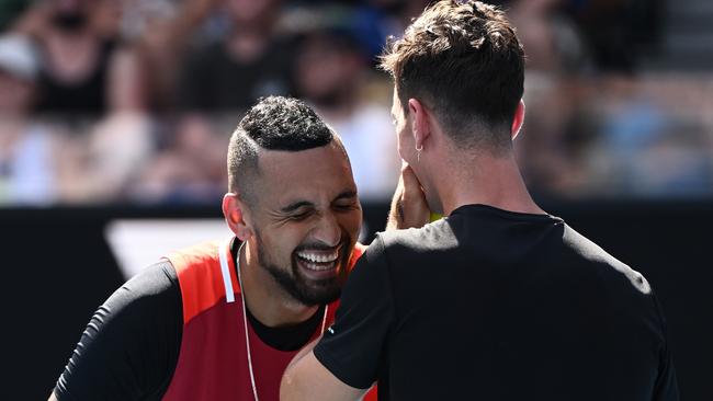 Nick Kyrgios shares a laugh with Thanasi Kokkinakis. Picture: Getty Images