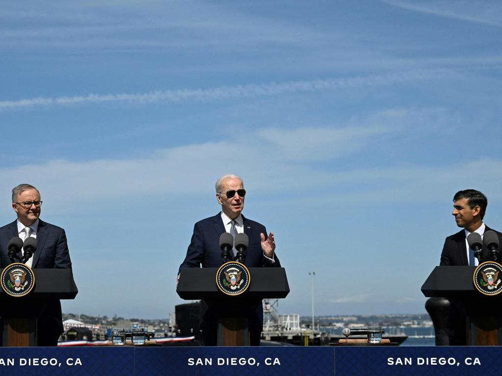 US President Joe Biden (C), British Prime Minister Rishi Sunak (R) and Australian Prime Minister Anthony Albanese at Naval Base Point Loma in San Diego California. Picture: AFP