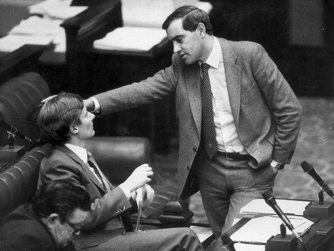 John Bannon with John Olsen in Parliament in 1984.