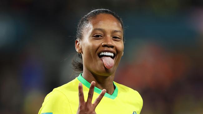 Brazil’s Ary Borges celebrates after scoring the first hat-trick of the 2023 Women’s World Cup. Picture: Getty Images.