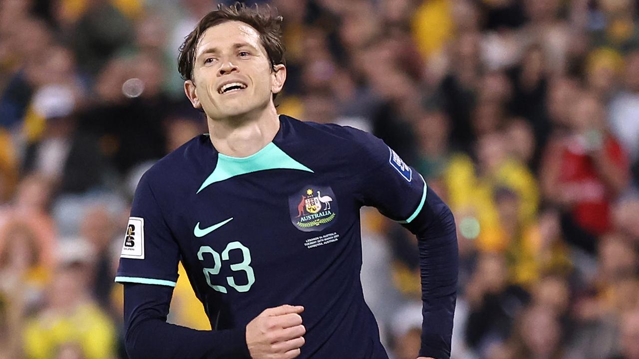 CANBERRA, AUSTRALIA - MARCH 26: Craig Goodwin of Australia celebrates scoring his second goal during the FIFA World Cup 2026 Qualifier match between Australia Socceroos and Lebanon at GIO Stadium on March 26, 2024 in Canberra, Australia. (Photo by Cameron Spencer/Getty Images)
